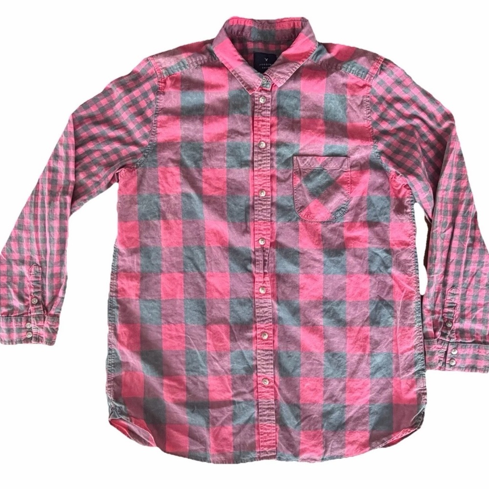 American Eagle Jegging Shirt Plaid Button Down Pink green Large